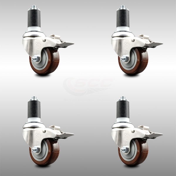 Service Caster 3.5 Inch 316SS Maroon Poly Swivel 1-5/8 Inch Stem Caster Set Lock Brake SCC SCC-SS316TTLEX20S3514-PPUB-MRN-158-4 - main